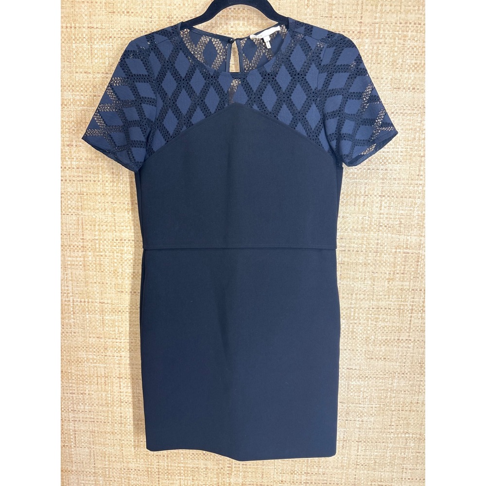 Maje Rimini Lace Yoke Mini Dress Womens Size 1 Navy Blue Short Sleeve Crepe